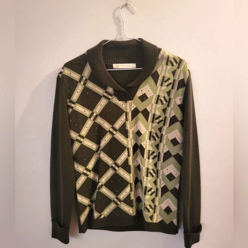 Camela Green & Brown Patterned Sweater | Size Medium